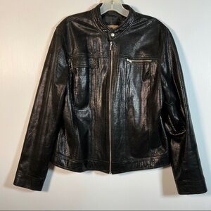 I.E. Black Leather Moto Jacket. Zip front, snap neck, no size tag. EUC see disc